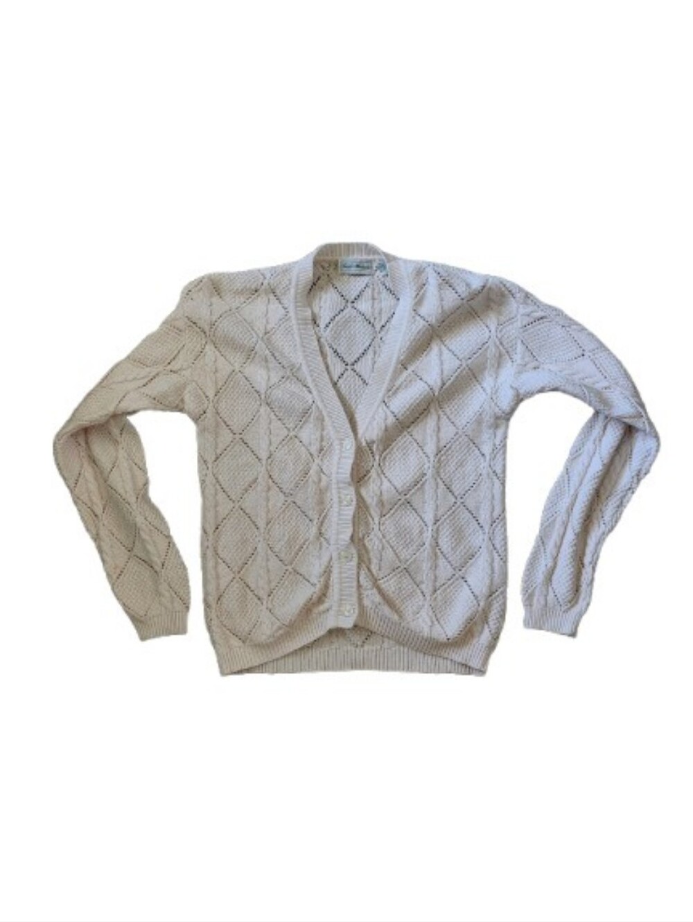 Vintage Light Cream Soft, Cozy Open-Knit Button Cardigan Sweater- 100% Cotton
